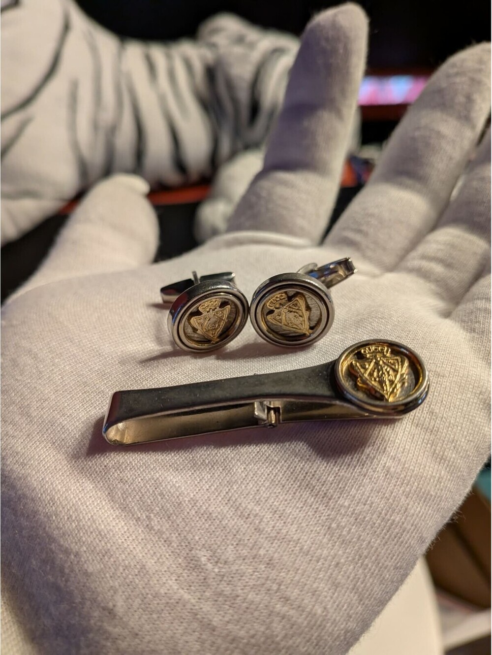 Vintage Gucci Tie Clip Cufflinks Gold Silver Two Tone Set G Logo Emblem Italy